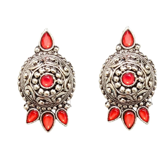 Oxidized German Silver Antique Look Afghani Chandbali Earrings With Red Stones