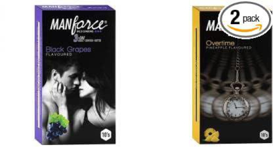 MANFORCE 3 in 1 (Ribbed Contour Dotted) Wild Black Grapes Flavoured Condoms- 10 Pieces & Overtime Pineapple 3in1 (Ribbed Contour Dotted) Condoms - 10 Pieces Condom (Set of 2 20 Sheets)
