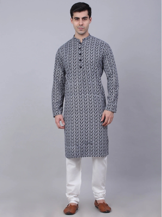 Mens Navy Blue & White embroidered Straight Kurta Pyjama Set-XXL / Navy-Blue