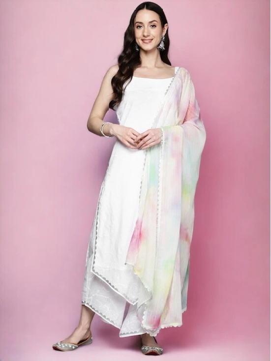 White Printed Shoulder Straps Gotta Patti Cotton Kurta With Palazzos & Dupatta