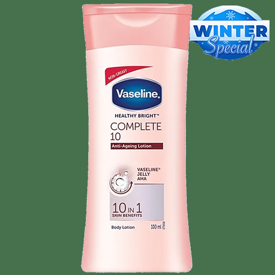 Vaseline Healthy Bright Complete 10 Anti-Ageing Body Lotion - 10 In 1 Skin Benefits + Vaseline Jelly, Aha, Non-Greasy, 100 Ml