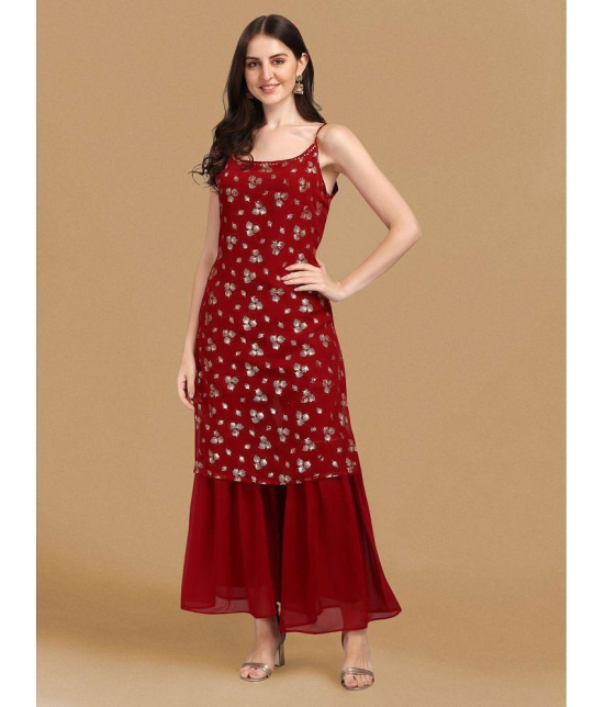 gufrina Georgette Printed Kurti With Sharara And Gharara Womens Stitched Salwar Suit - Maroon ( Pack of 1 ) - None