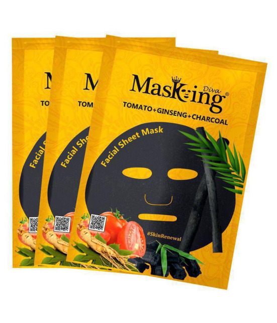 Masking Diva Tomato, Ginseng and Charcoal Face Sheet Mask 75 ml Pack of 3