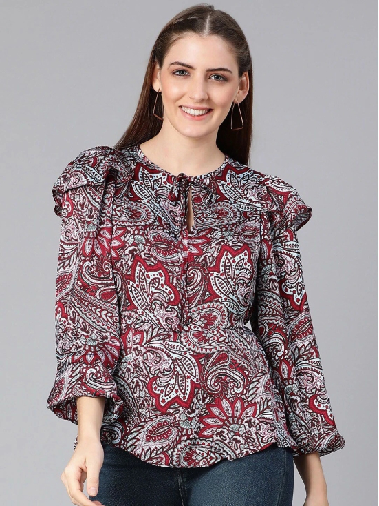 Oxolloxo Maroon Print Tie-Up Neck Ruffles Cinched Waist Top