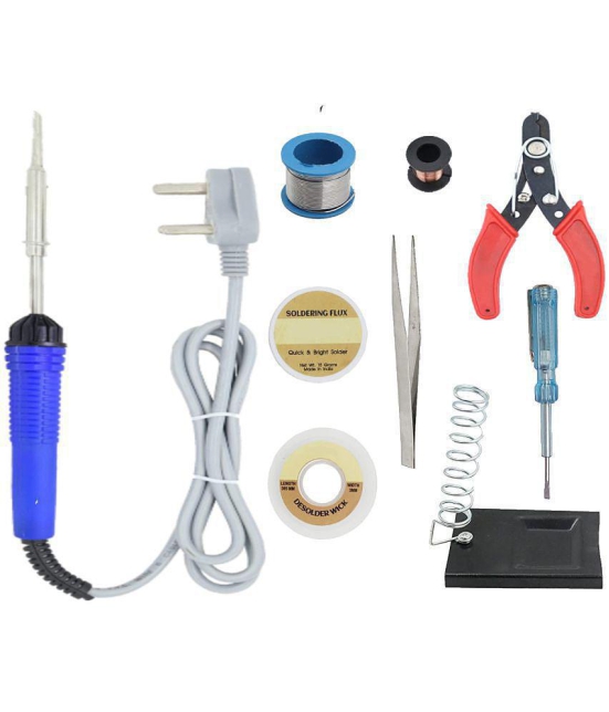 ALDECO: ( 9 in 1 ) Soldering Iron Kit contains- Blue Iron, Wire, Flux, Wick, Stand, Tweezer, Tester, Jumpimg Wire, Cutter