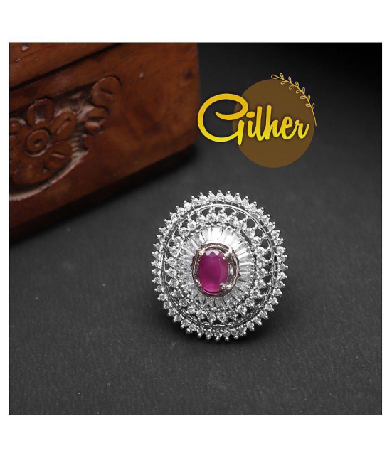 Gilher Fancy American Diamond Pink Ruby Stone Cocktail Ring With Adjustable Size For Women And Girls - None