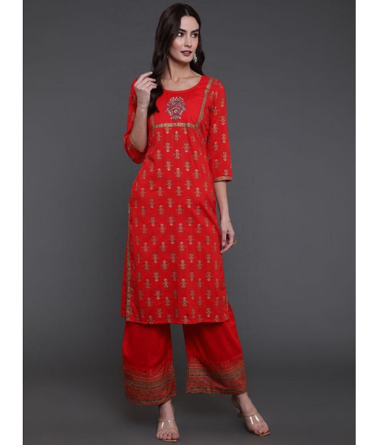 Antaran Rayon Embroidered Kurti With Pants Womens Stitched Salwar Suit - Red ( Pack of 2 ) - None