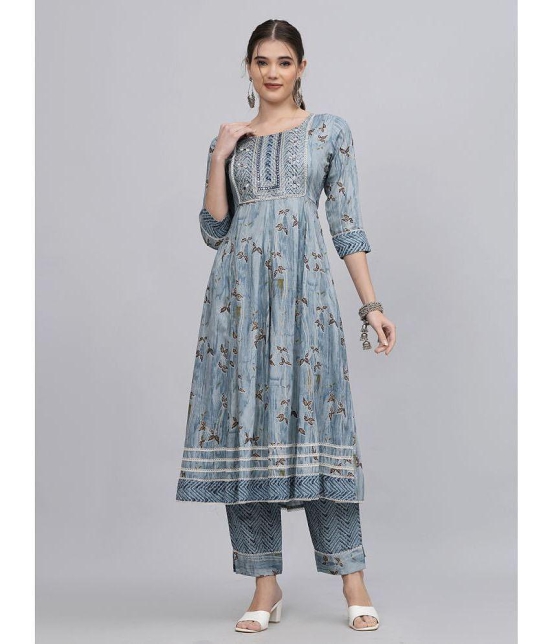 HIGHLIGHT FASHION EXPORT Rayon Printed Kurti With Pants Womens Stitched Salwar Suit - Light Blue ( Pack of 1 ) - None