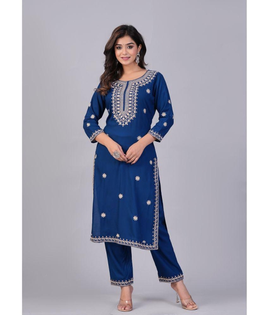 Doriya Cotton Blend Embroidered Kurti With Pants Women''s Stitched Salwar Suit - Blue ( Pack of 1 ) - None