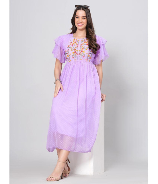 HIGHLIGHT FASHION EXPORT Crepe Embroidered Midi Womens Fit & Flare Dress - Purple ( Pack of 1 ) - None