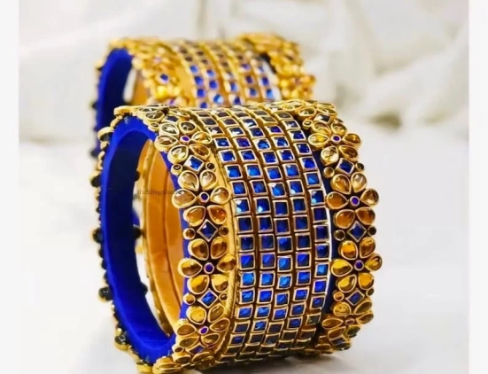 Handmade Gold Plated Kundan Stone Blue Lac Bangles (Set of 4)