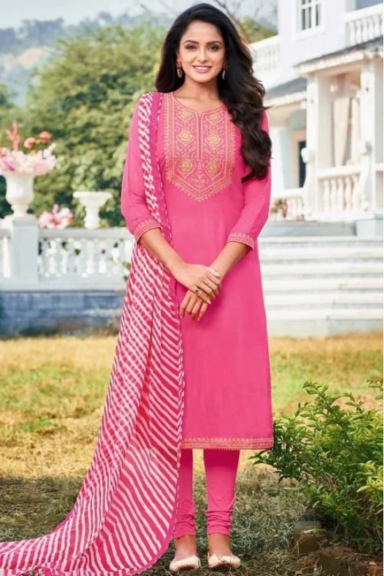 Cerise Pink Chanderi Cotton Embroidered Indian Churidar Suit ( Unstiched)