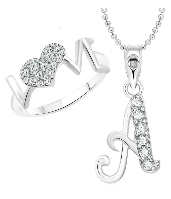 Vighnaharta Love Ring with Initial A Alphabet Pendant Rhodium Plated Jewellery Combo set - 8