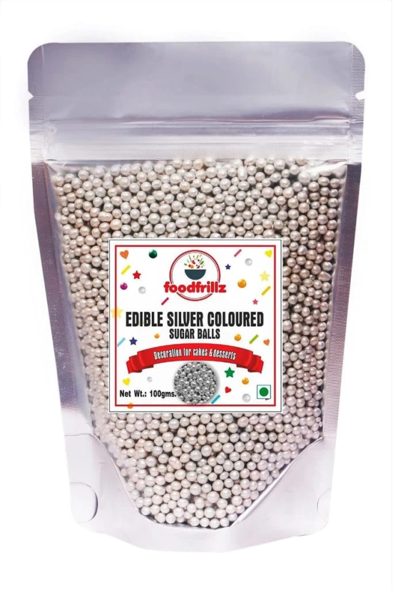 foodfrillz Decorative Silver Balls Sugar Sprinkles for cake decoration | Pearl Balls | Silver Dragees | Cake Toppers Balls | Vermicelli Edible Cake Decorating Sprinkle - 100g