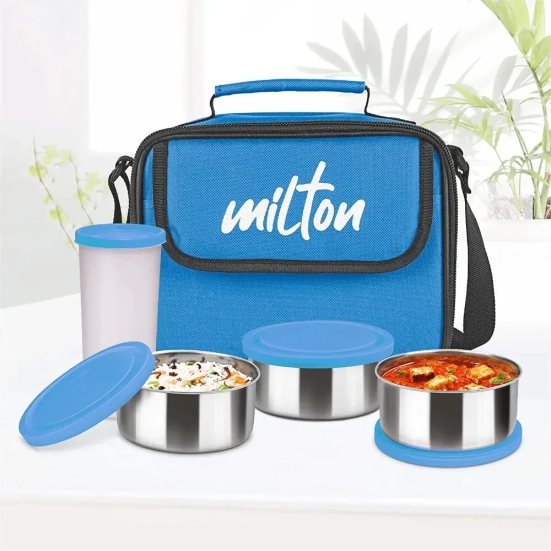 Milton Steel Combi Lunch Box with 3 Containers and 1 Tumbler with jacket | Light Weight | Microwave Safe Light Blue