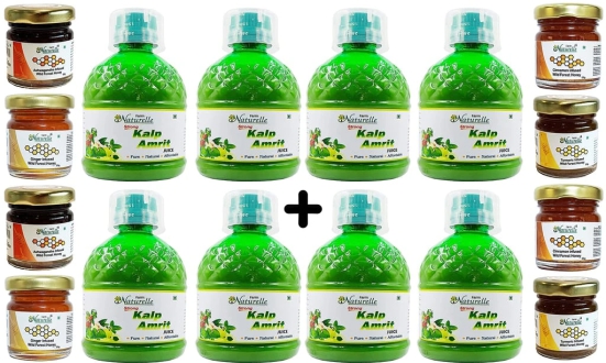 Farm Naturelle-Strongest Ayurvedic 6 Herbs Immunity Boosting Kalp Amrit Juice-Improves Immunity & Reduces Stress n Anxiety- (4+4 Free)-8x400ml+ 55gx8 Herbs Infused Forest Honeys