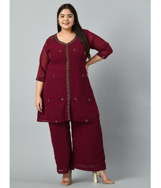 PrettyPlus by Desinoor.com Georgette Embroidered Kurti With Palazzo Women''s Stitched Salwar Suit - Wine ( Pack of 1 ) - None