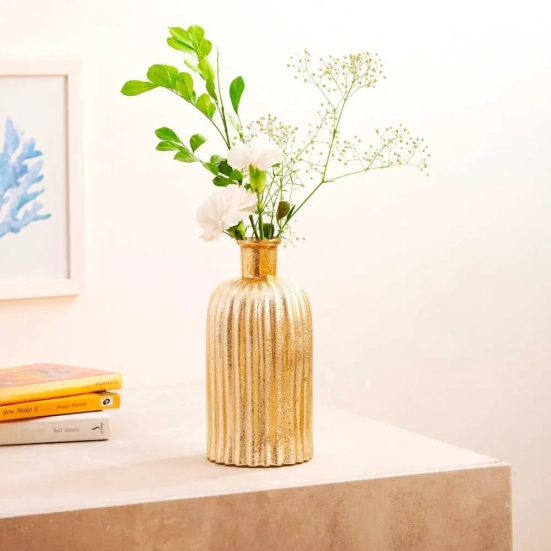 Fluted Glass Vase With Metallic Finish Gold