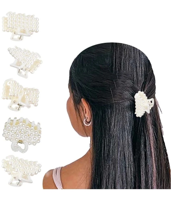 LYKAA Stylish Fancy White Pearl Hair Claw Fashionable Clip Clutcher Hair For Women & Girls 5Pcs - White