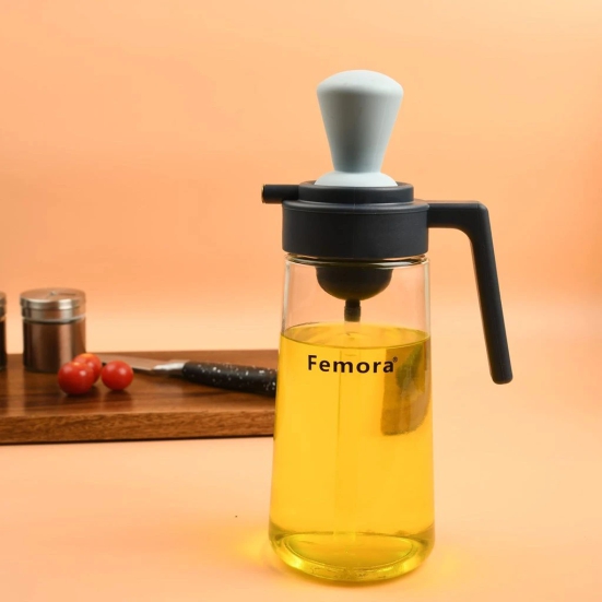 Femora Glass Oil Dispenser Bottle With Silicone Brush/Dropper - 550 ML, Grey Oil Jar (Pack of 1)