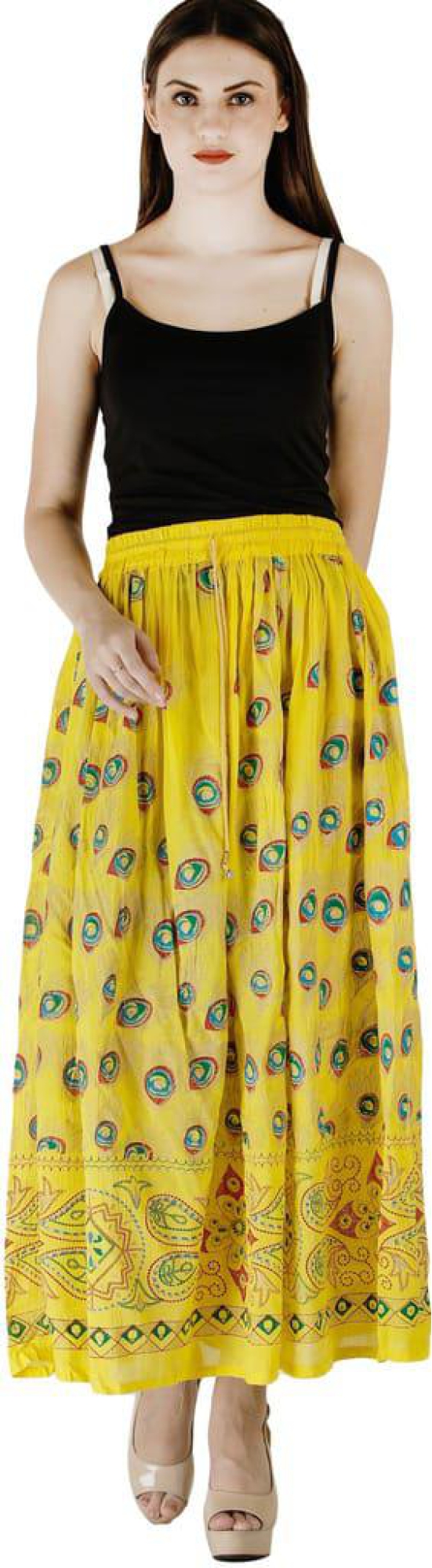 Maize Long Skirt with Printed Peacock Feathers