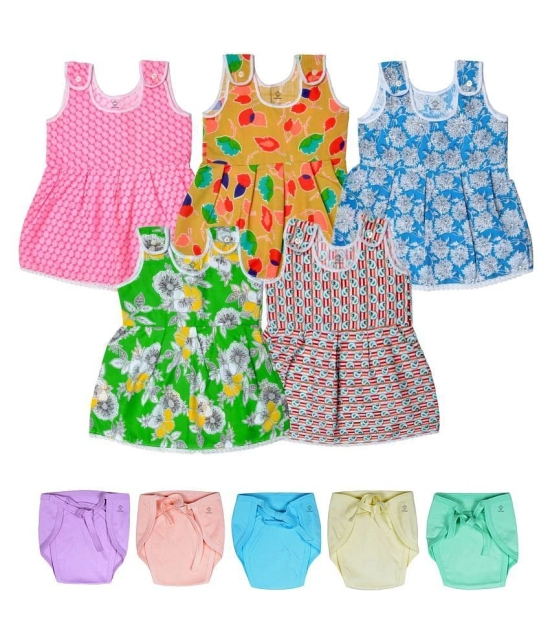 Sathiyas Cotton Multicolor Pack of 5 Baby Girl Frocks With Nappies - 0-6 Months