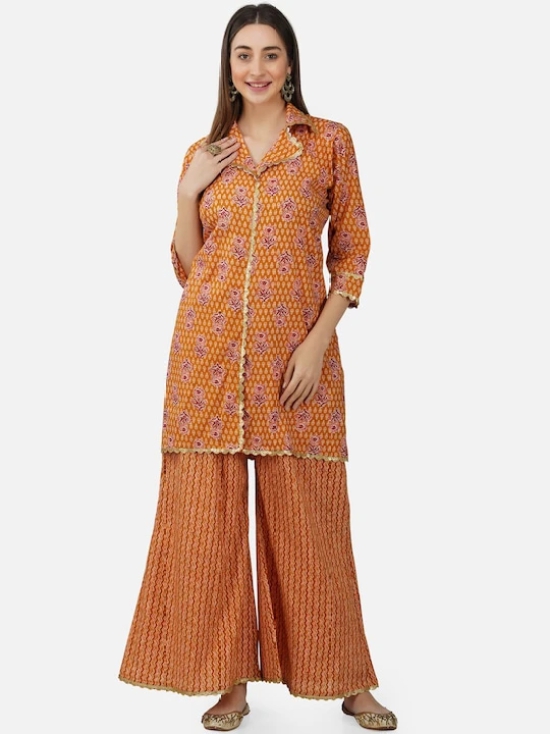 Women Floral Printed Sequinned Pure Cotton Kurta with Palazzos