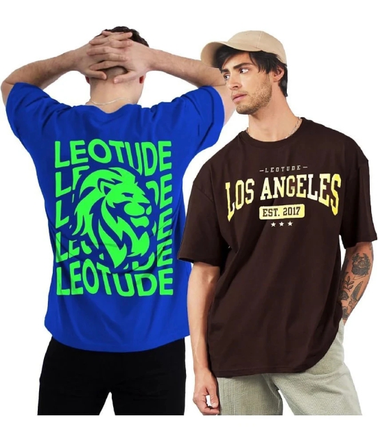 Leotude Cotton Blend Oversized Fit Printed Half Sleeves Mens T-Shirt - Blue ( Pack of 2 ) - None