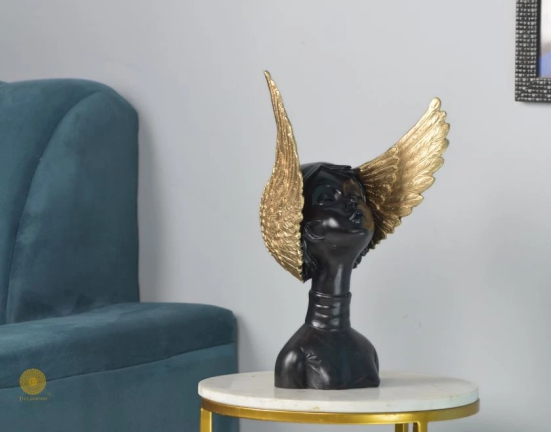 Golden Wings Angel Face Sclupture (5.5x13 Inches)-Black