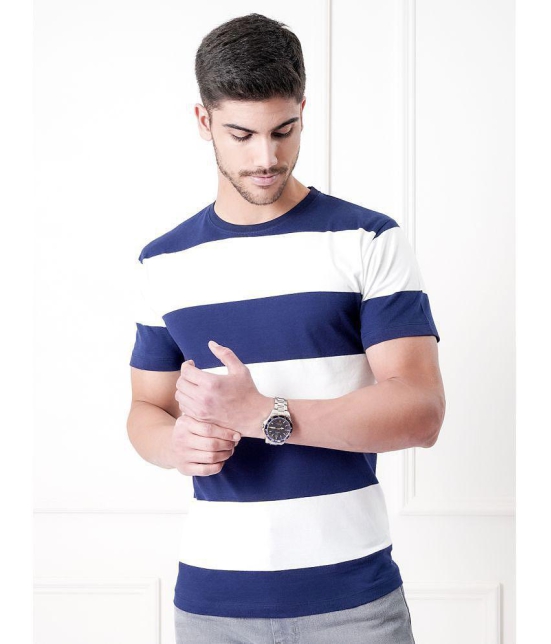 UrbanMark Mens 100% Cotton Regular Fit Round Half Sleeves Horizontal Striped T Shirt -Navy & White - None