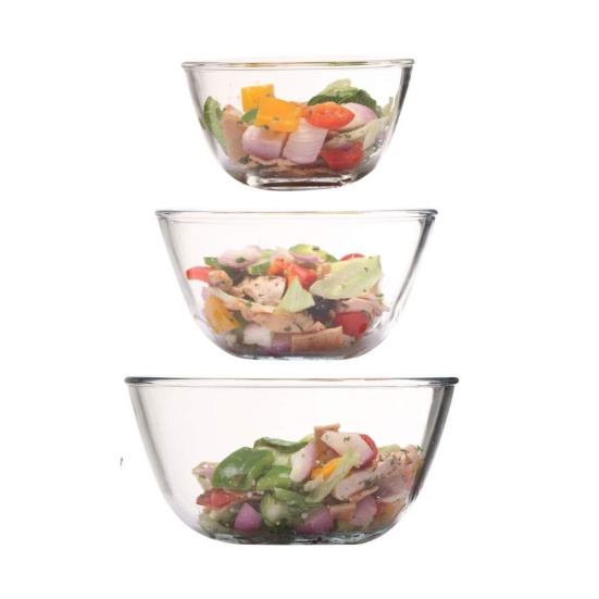 Femora Borosilicate Glass Microwave Safe All-Purpose Mixing Bowl (Transparent, X-Large, 2100 Ml, 2650 Ml, 3600 Ml) - Set of 3