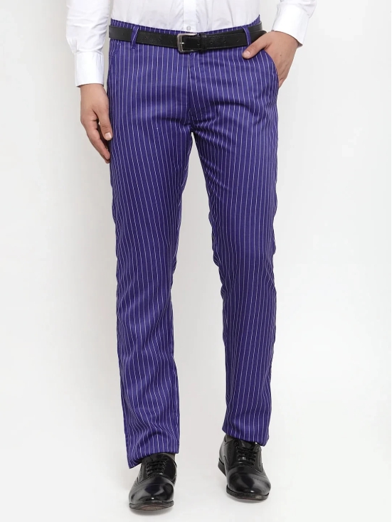 Indian Needle Men's Blue Cotton Striped Formal Trousers-30 / Blue