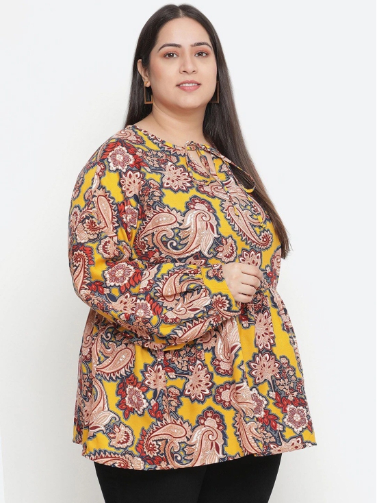 Oxolloxo Mustard Yellow Ethnic Print Tie-Up Neck Crepe Empire Plus Size Top