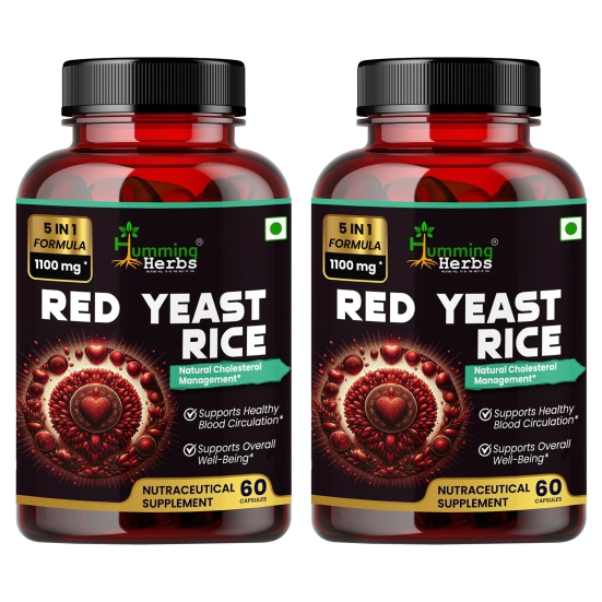 Humming Herbs Red Yeast Rice 500mg - Natural Cholesterol Support with CoQ10, Policosanol & Lycopene - Promotes Heart Health & Blood Circulation - Pack of 2