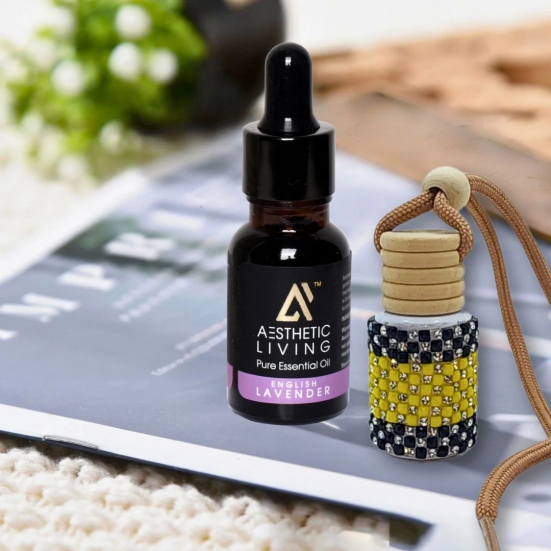 Aesthetic Living Car Aromatizer Diffuser Bottle with Essential Oil (Studded Bottle -12 ml) + English Lavender Essential Oil, 15 ml)