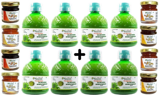 Farm Naturelle-Strongest Ayurvedic Aloevera Wheatgrass Juice-Detoxifier, Improved Digestion, Skin Health and a Fat fighter-4x400ml+ 55gx4 Herbs Infused Forest Honey