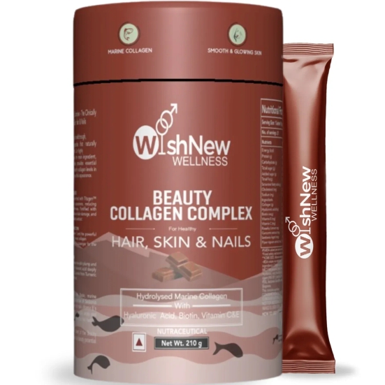 WishNew Wellness BEAUTY COLLAGEN COMPLEX | Enhanced Hair, Skin, Nails Health | 21 Servings of Nutrient-Rich Sachets | Hyaluronic Acid, Biotin, Vitamins C & E | Natural Chocolate Flavor