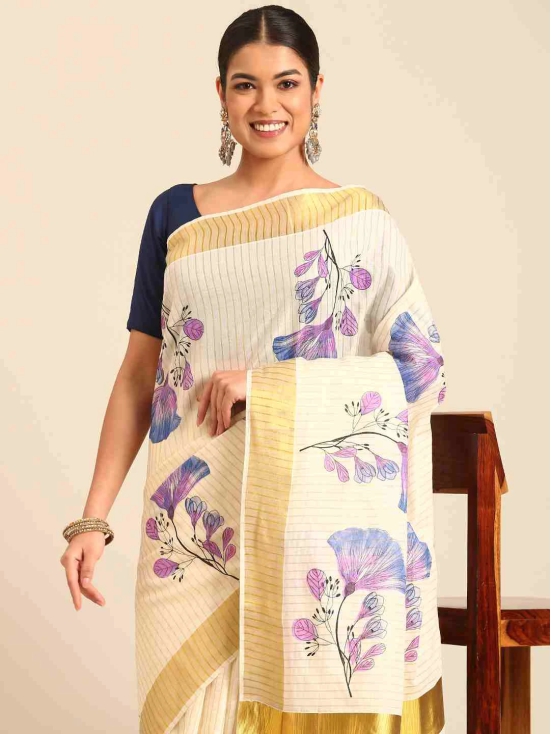 Kalyan Silks Golden Lines With Violet Printed Set Saree