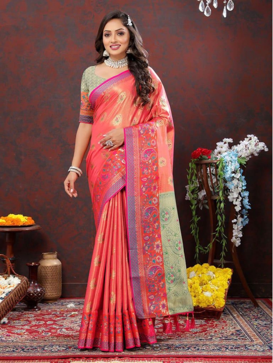 Peach Kanjivaram Silk Woven Design with Zari Weaving Saree