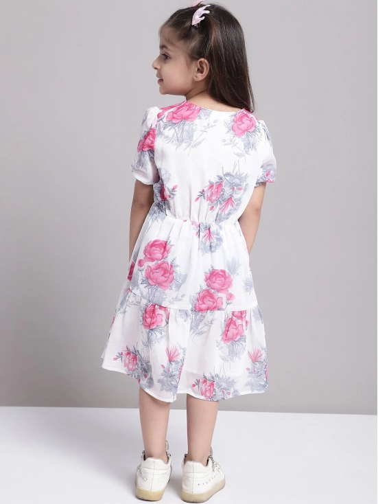 MINI & MING Girls Floral Printed Puff Sleeve Georgette A-Line Midi Dress