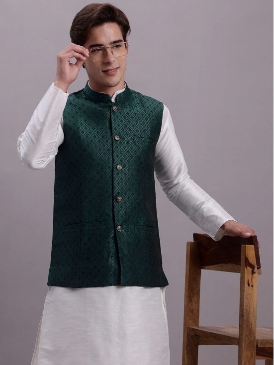 Mens Olive Green Woven Design Nehru Jacket With Solid Kurta Pyjama.-XXL / Olive-Green