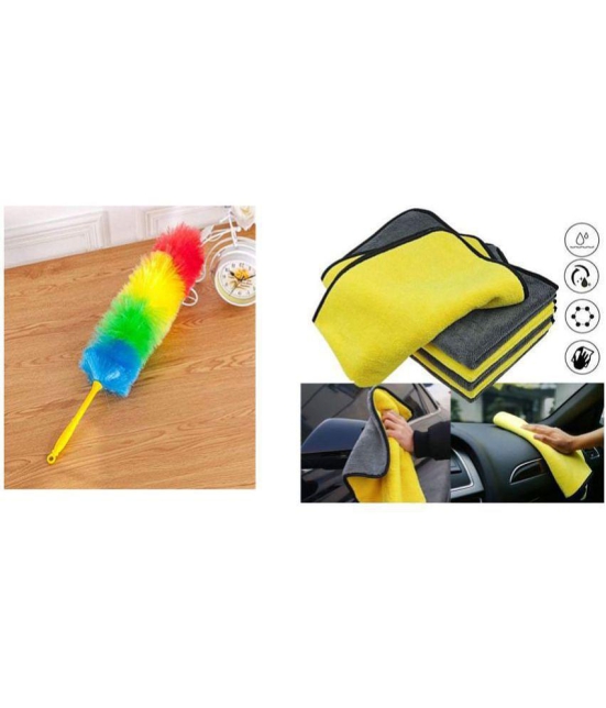 INGENS Multipurpose Multicolour Neon Plastic & Microfiber PP Static Duster and 600 gsm 40*40 cm dual side microfiber cloth for cleaning