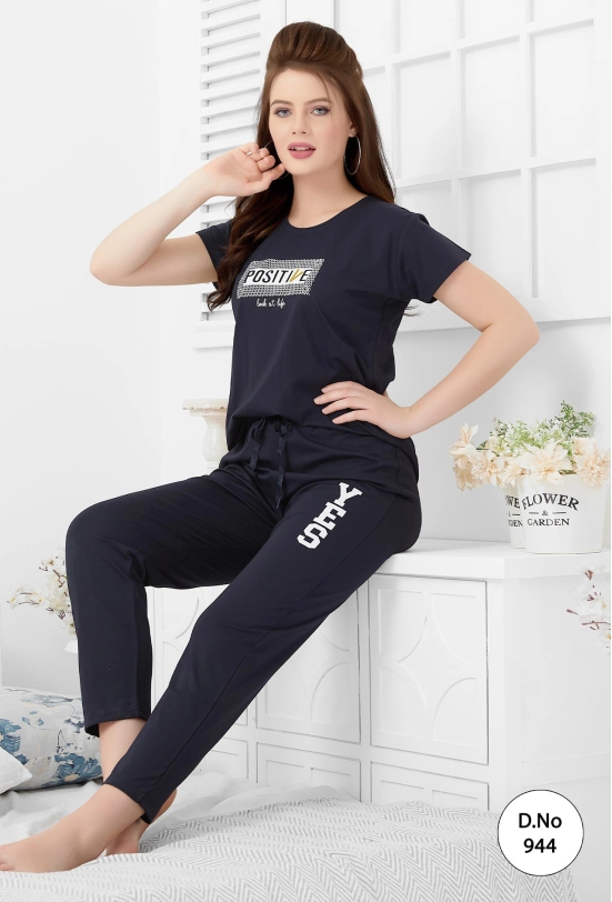 Gudnini Urban Look Stylish T-Shirt Pyjama Set - Navy Blue-XL / NAVY BLUE / RAYON SUPER SOFT