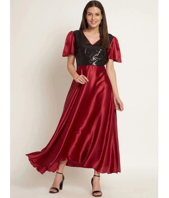 Curvydrobe Satin Embellished Ankle Length Womens Fit & Flare Dress - Maroon ( Pack of 1 ) - None