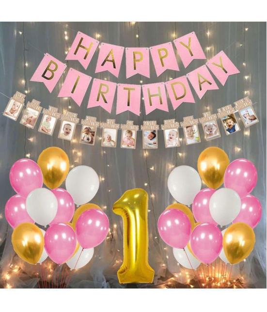 Party Propz 1st Birthday Decoration For Baby Girl With Warm Led Light Set Happy Birthday Banner 1-12 Month Milestone Banner Number 1 Foil Balloon And Metallic Balloons Combo 34Pcs For Girls 