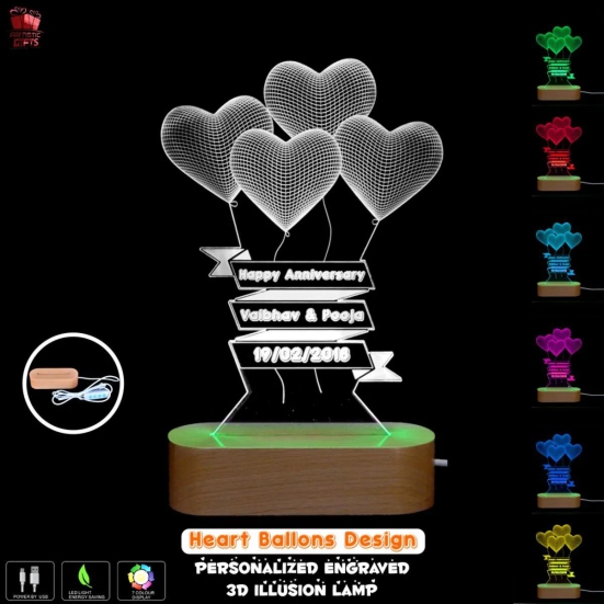 3D Illusion Multi-Color LED Lamp with Heart Balloon Birthday Design