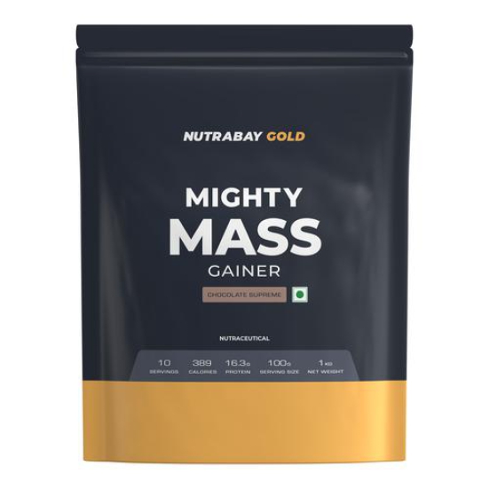 Nutrabay Gold Mighty Mass Gainer Powder - 1kg, Chocolate Supreme | 16.3g Protein, 78g Carbs, 389 Calories | 100% Veg | Vitamins & Minerals Rich Muscle Building Supplement for Men & Women