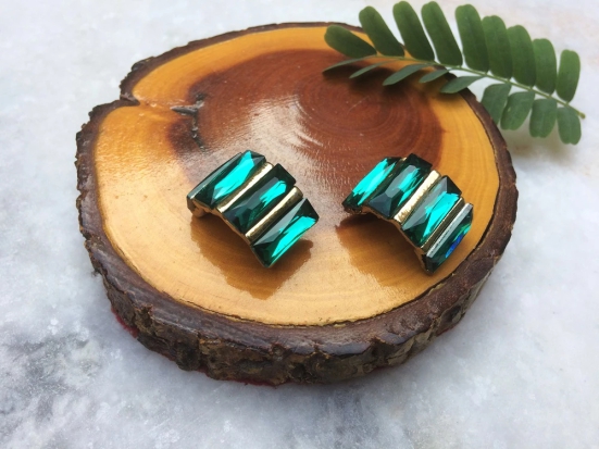 Faux Emerald Crystal Half Moon Studs