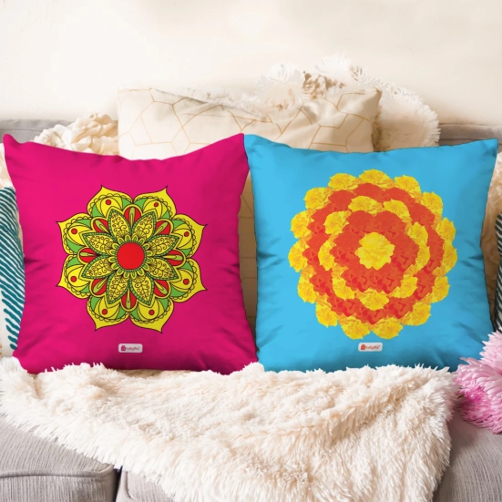 Indigifts Diwali Decoration Items Floral Doodle Print Cushion Cover 12x12 inch Set of 2 with Filler - Diwali Gift Items, Diwali Gifts for Family and Friends