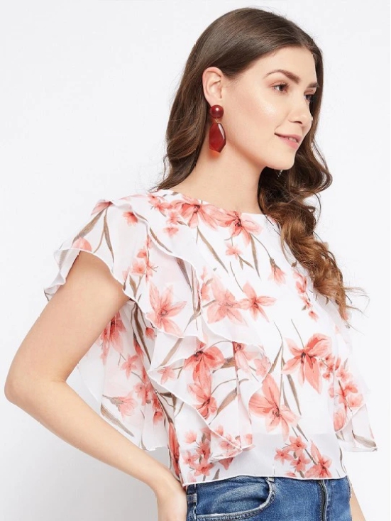 White Floral Printed Georgette Flutter Sleeves Top